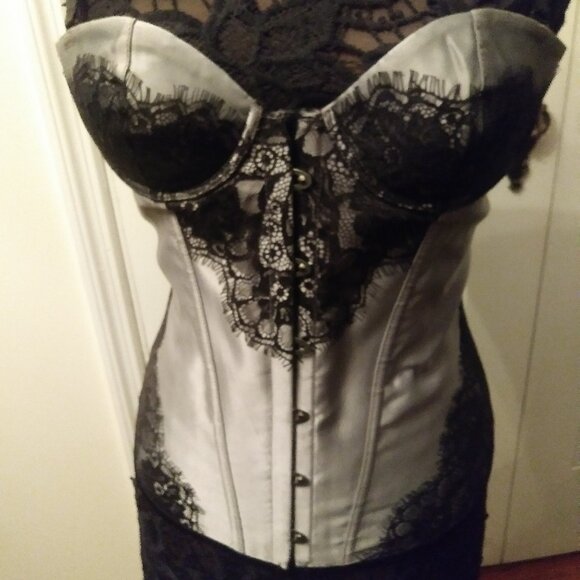 Tops - Stunning Silver Corset with Black Eyelash Lace Embellishments Overbust